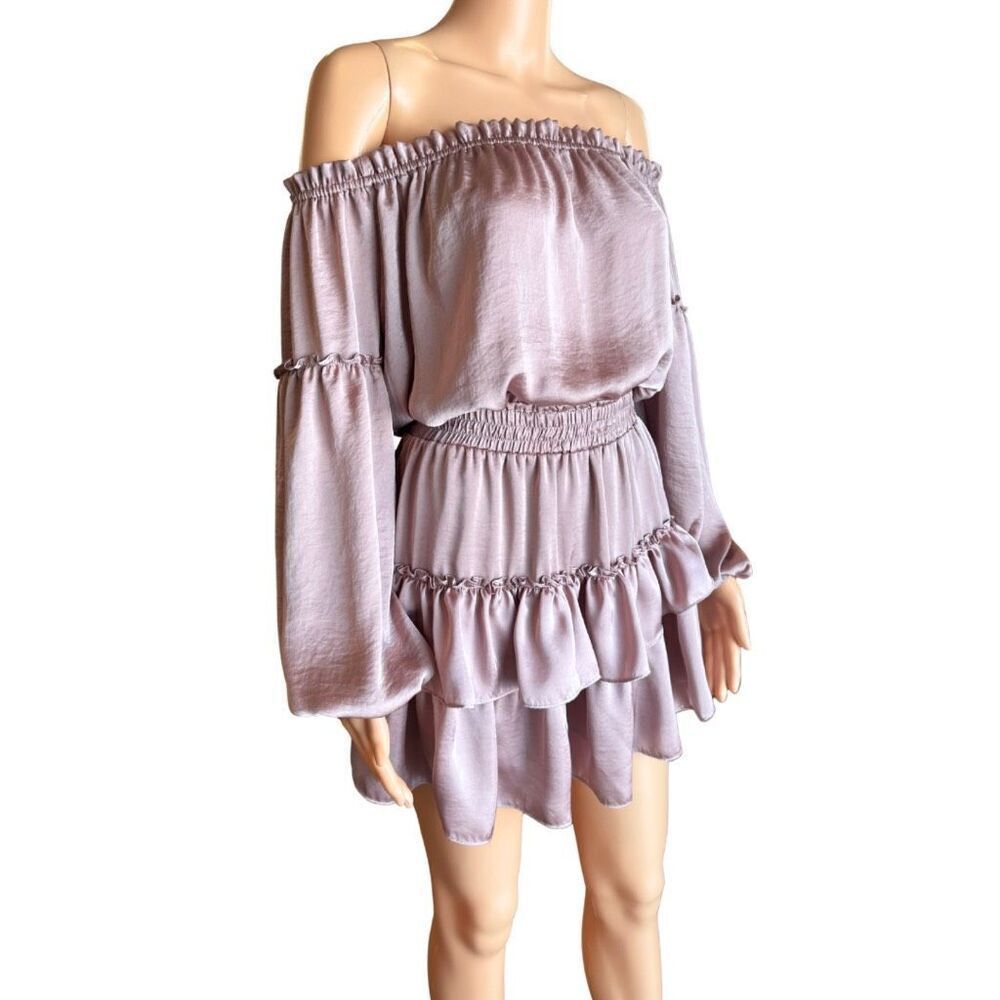 MISA Los Angeles Romi Mauve Satin Tiered Off Shoulder Mini Dress Coquette Boho - Picture 3 of 7
